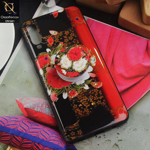 Samsung Galaxy A70s Cover - Red - Bling Diamond Glitter Flower With Matching Mobile Holder Soft Case