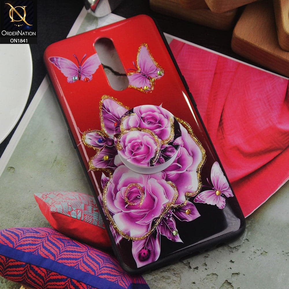 Oppo F11 Cover - Purple - Bling Diamond Glitter Flower With Matching Mobile Holder Soft Case