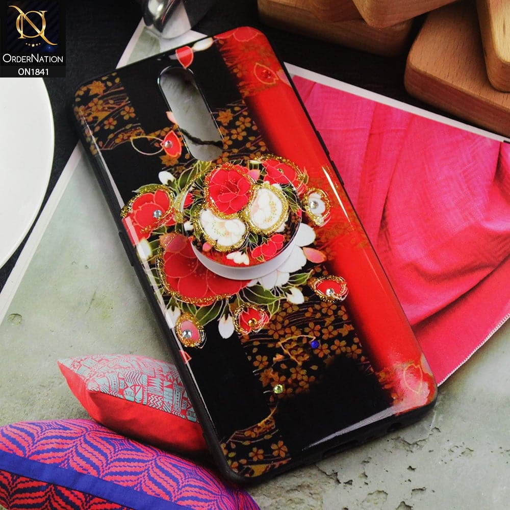 Oppo F11 Cover - Red - Bling Diamond Glitter Flower With Matching Mobile Holder Soft Case