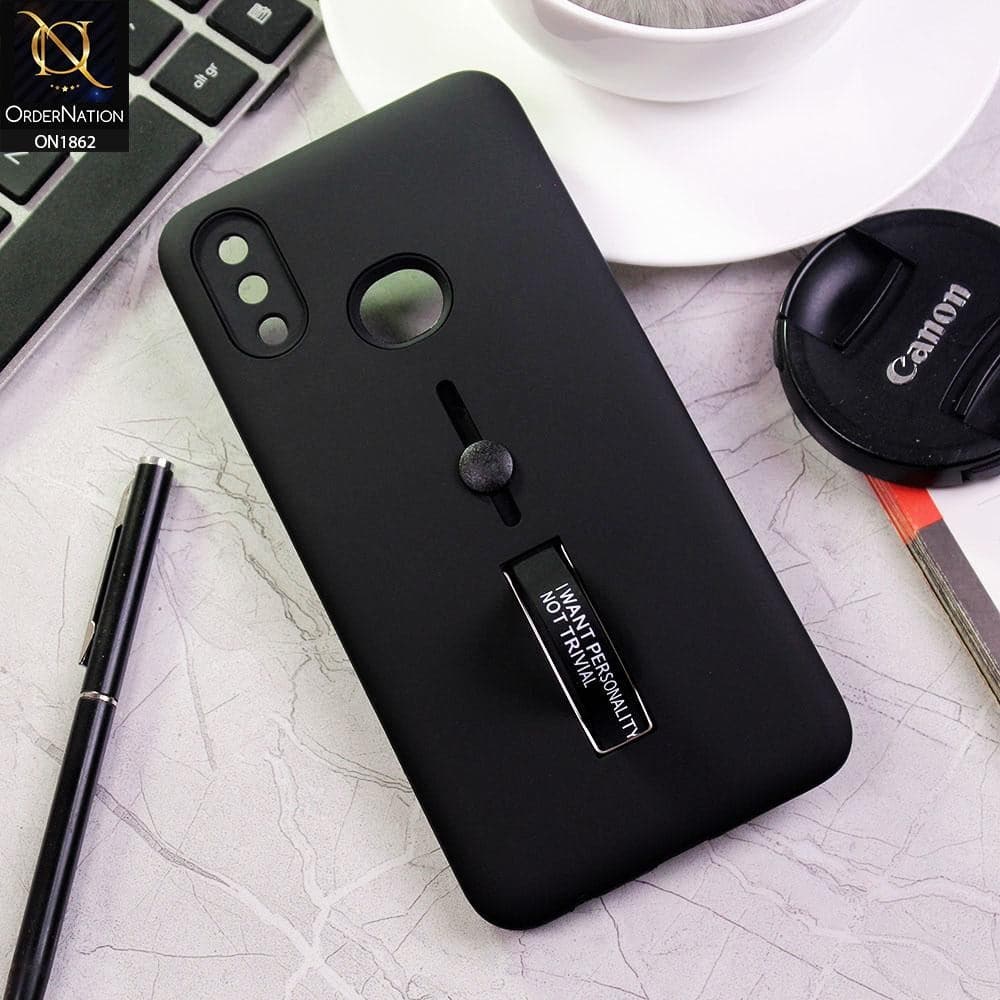 Samsung Galaxy A10s Cover - Black - Stylish Slide Finger Grip With Metal Kickstand Case