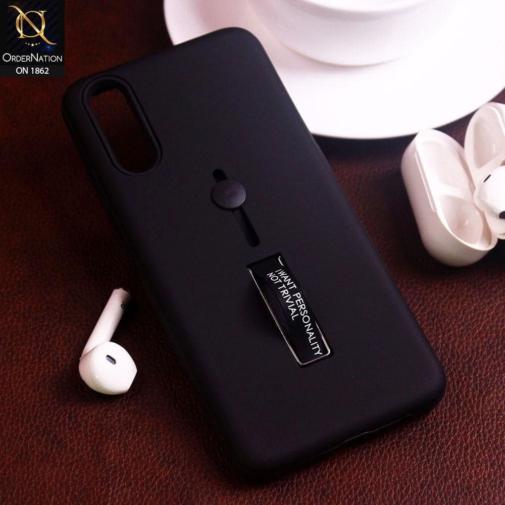 Samsung Galaxy A30s Cover - Black - Stylish Slide Finger Grip With Metal Kickstand Case