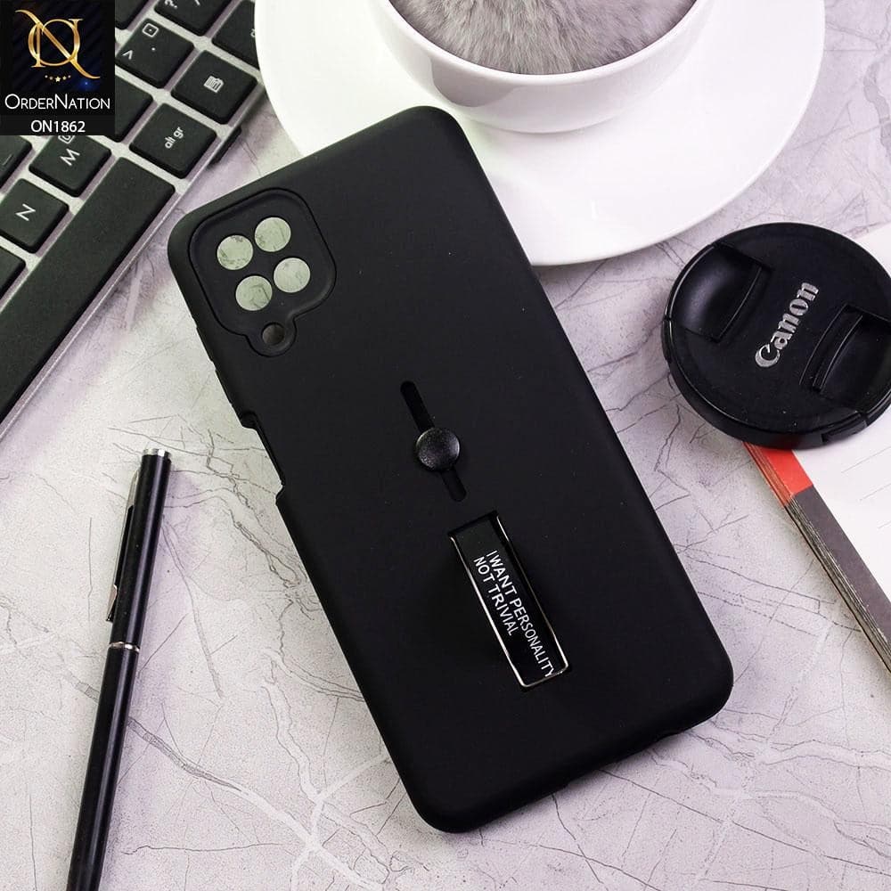 Samsung Galaxy A12 Cover - Black - Stylish Slide Finger Grip With Metal Kickstand Case