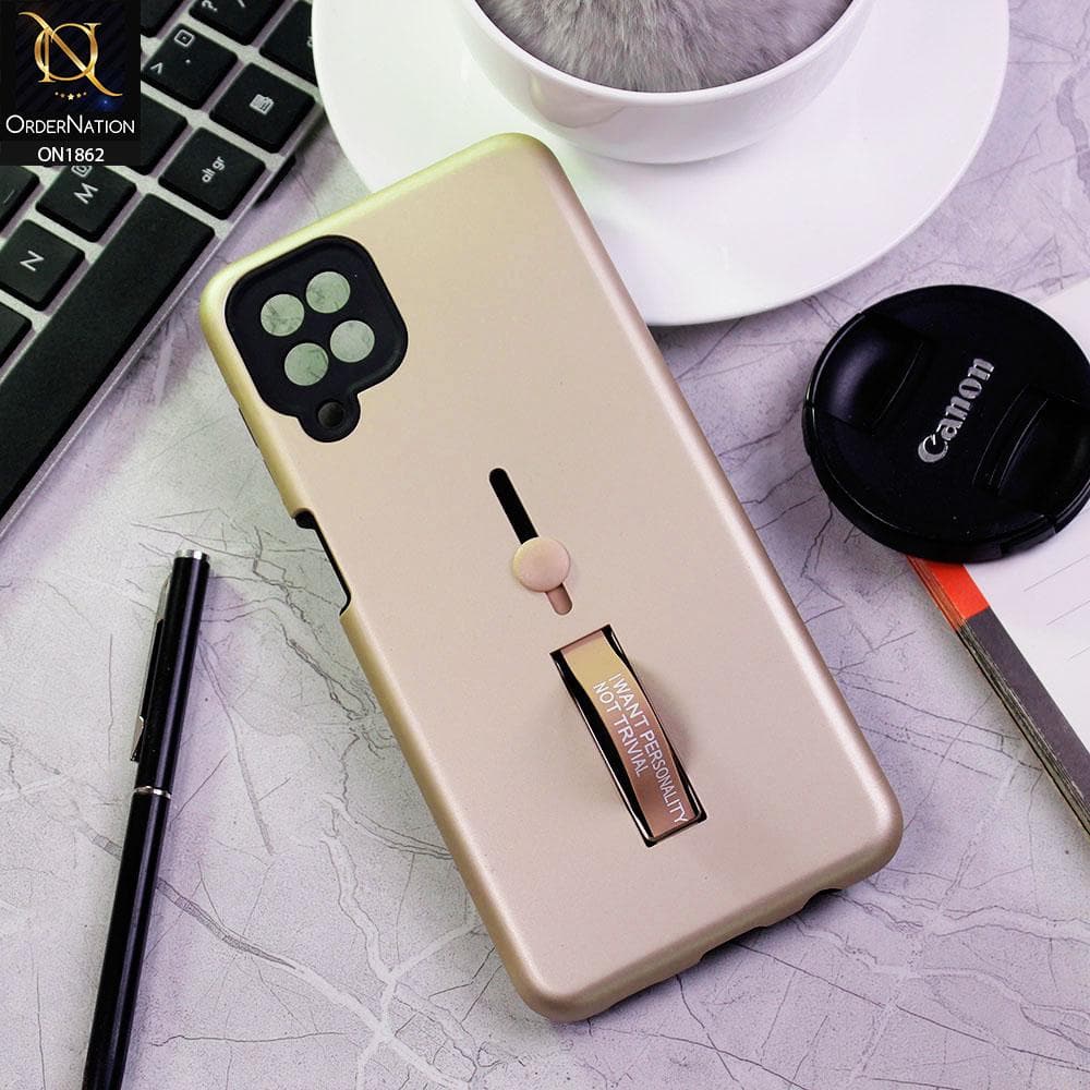 Samsung Galaxy A12 Cover - Golden - Stylish Slide Finger Grip With Metal Kickstand Case