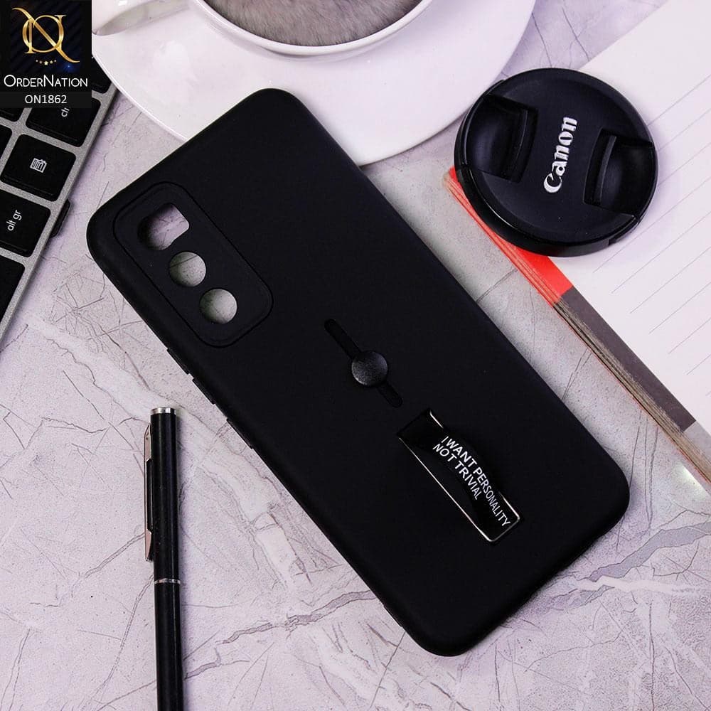 Vivo V20 SE Cover - Black - Stylish Slide Finger Grip With Metal Kickstand Case