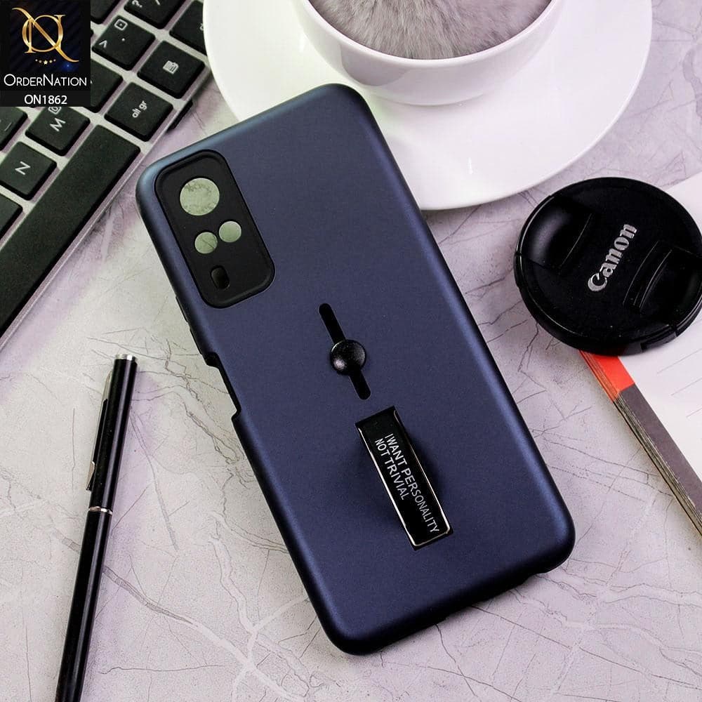 Vivo Y51s Cover - Blue - Stylish Slide Finger Grip With Metal Kickstand Case