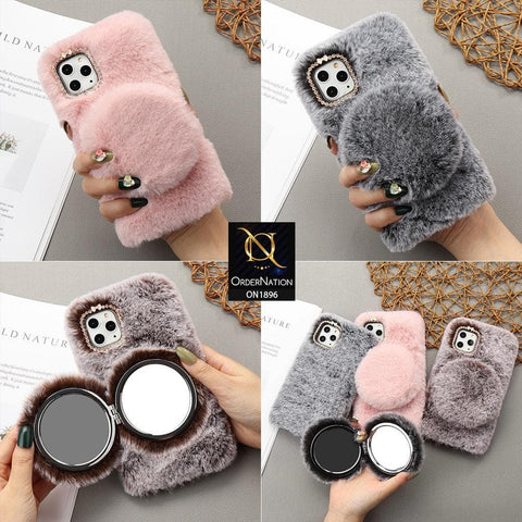 iPhone 11 Pro Max - Pink - Cute Girlish Fluffy Rabbit Hair With Magnetic Removable Mirror Makeup Back Case