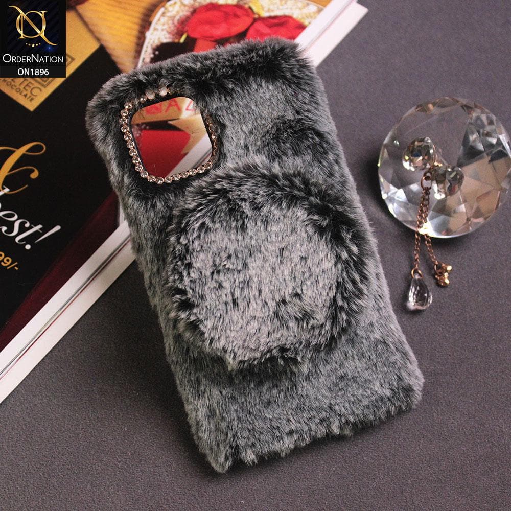 iPhone 11 Pro - Gray - Cute Girlish Fluffy Rabbit Hair With Magnetic Removable Mirror Makeup Back Case