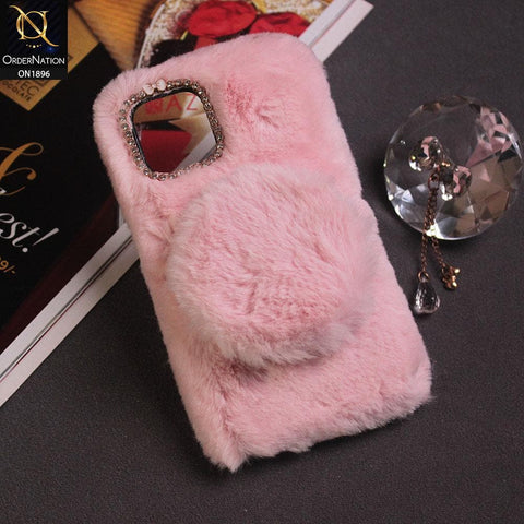 iPhone 11 Pro Max - Pink - Cute Girlish Fluffy Rabbit Hair With Magnetic Removable Mirror Makeup Back Case