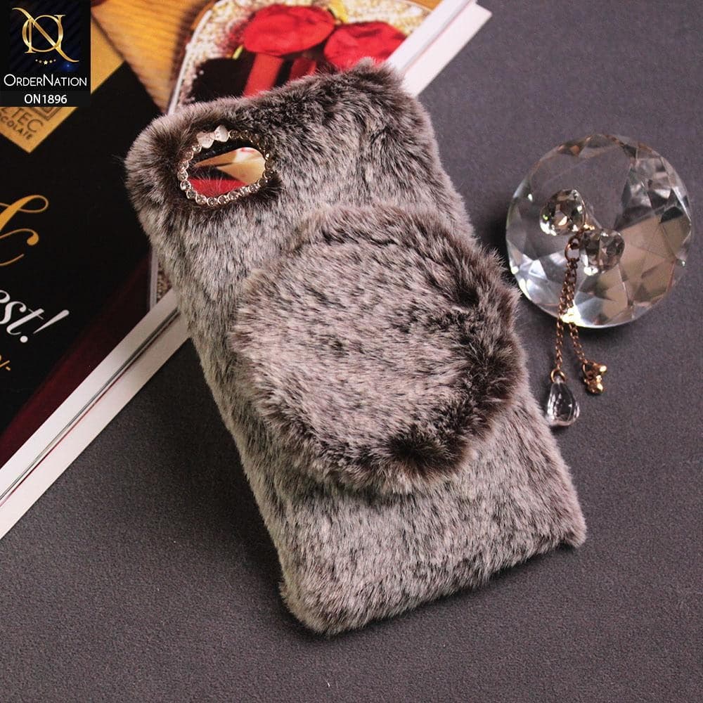 Cute Girlish Fluffy Rabbit Hair With Magnetic Removable Mirror Makeup Back Case For iPhone 8 / 7 - Brown