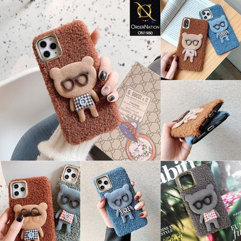 Lovely Plush Fluffy Cute Google Bear Case For iPhone 11 - Brown