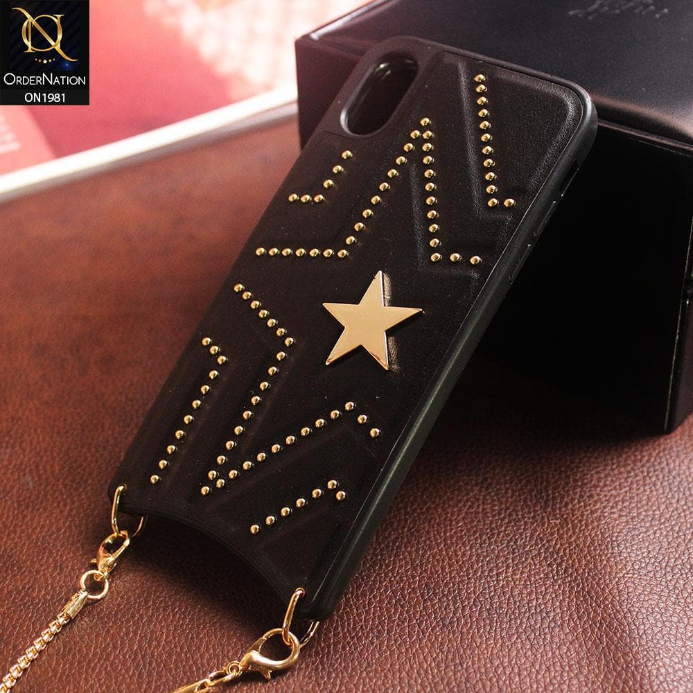 New Fashion Pu Leather Star Back Case With Long Strap Metal Chain For iPhone XS Max - Black