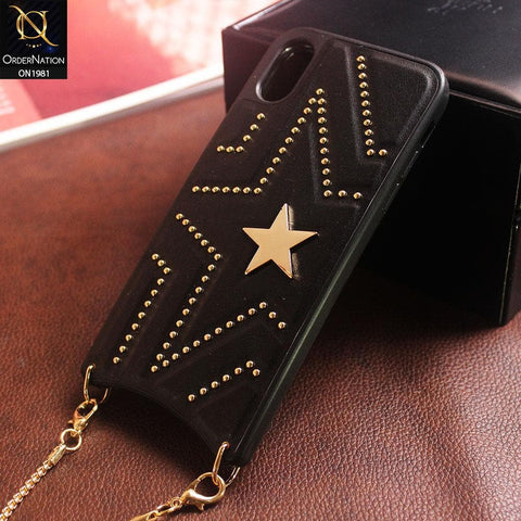 New Fashion Pu Leather Star Back Case With Long Strap Metal Chain For iPhone XS Max - Black
