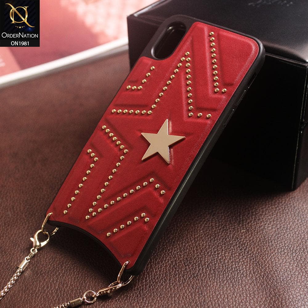 New Fashion Pu Leather Star Back Case With Long Strap Metal Chain For iPhone XS Max - Red