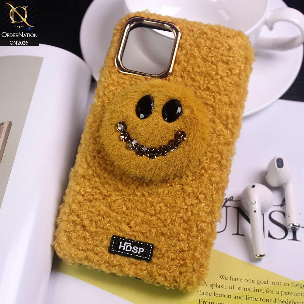 iPhone 11 Pro Max - Yellow - Girlish Cute Smiling Face Soft Plush Fur Case