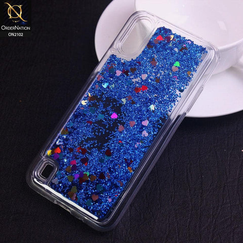 Samsung Galaxy A01 Cover - Blue - Cute Love Hearts Liquid Glitter Pc Back Case