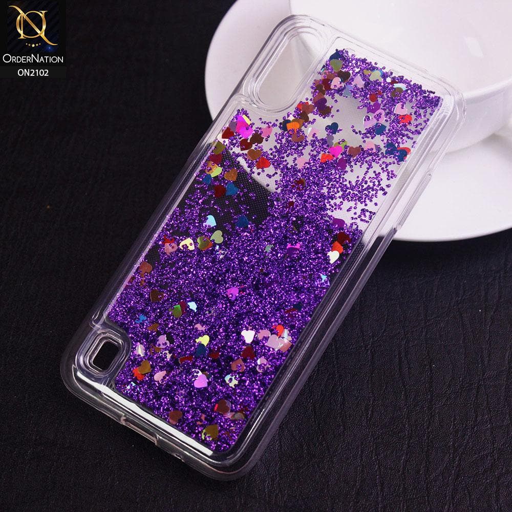 Samsung Galaxy A01 Cover - Purple - Cute Love Hearts Liquid Glitter Pc Back Case