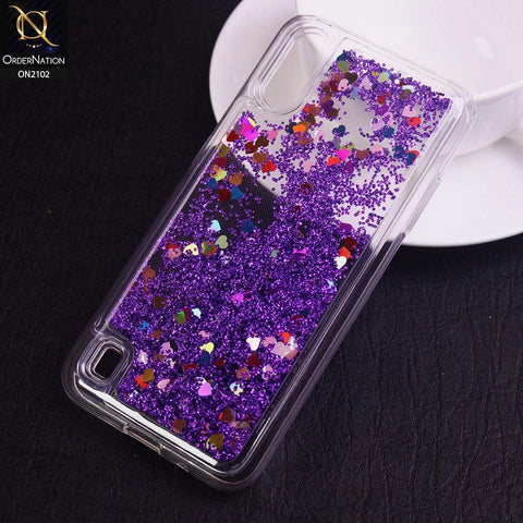 Samsung Galaxy A01 Cover - Purple - Cute Love Hearts Liquid Glitter Pc Back Case