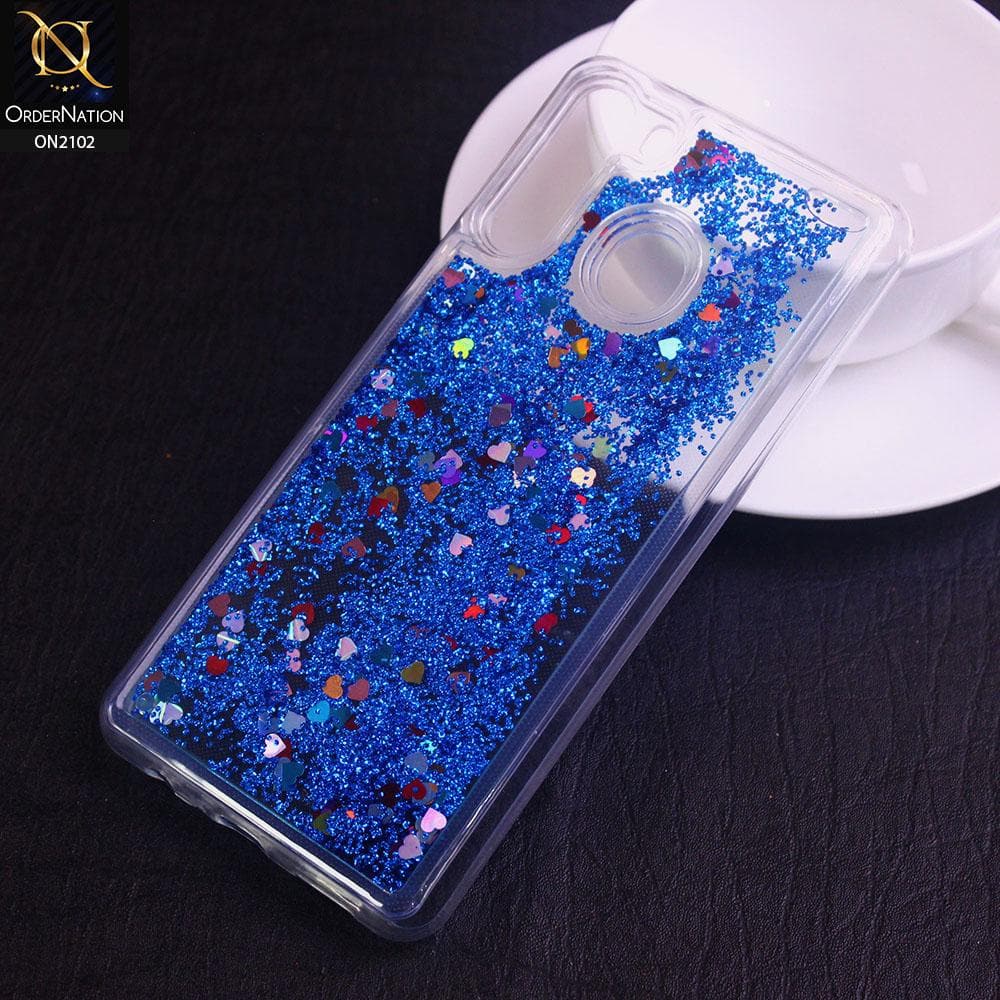 Samsung Galaxy A21 Cover - Blue - Cute Love Hearts Liquid Glitter Pc Back Case