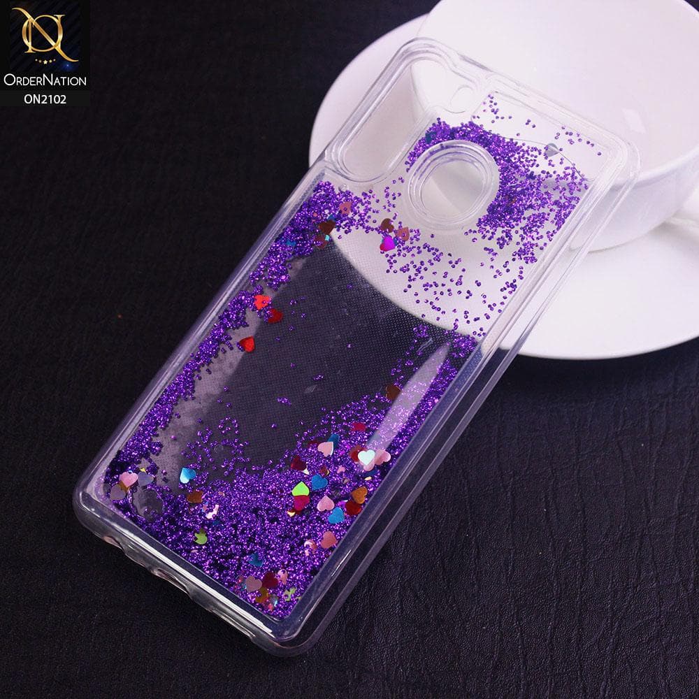 Samsung Galaxy A21 Cover - Purple - Cute Love Hearts Liquid Glitter Pc Back Case