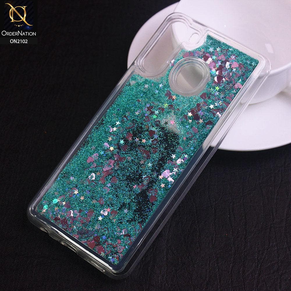 Samsung Galaxy A21 Cover - Sea Green - Cute Love Hearts Liquid Glitter Pc Back Case
