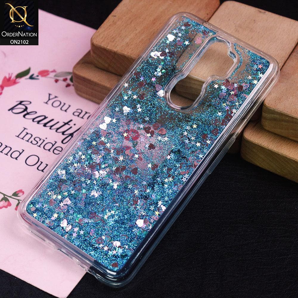 Oppo A9 2020 Cover - Blue - Cute Love Hearts Liquid Glitter Pc Back Case