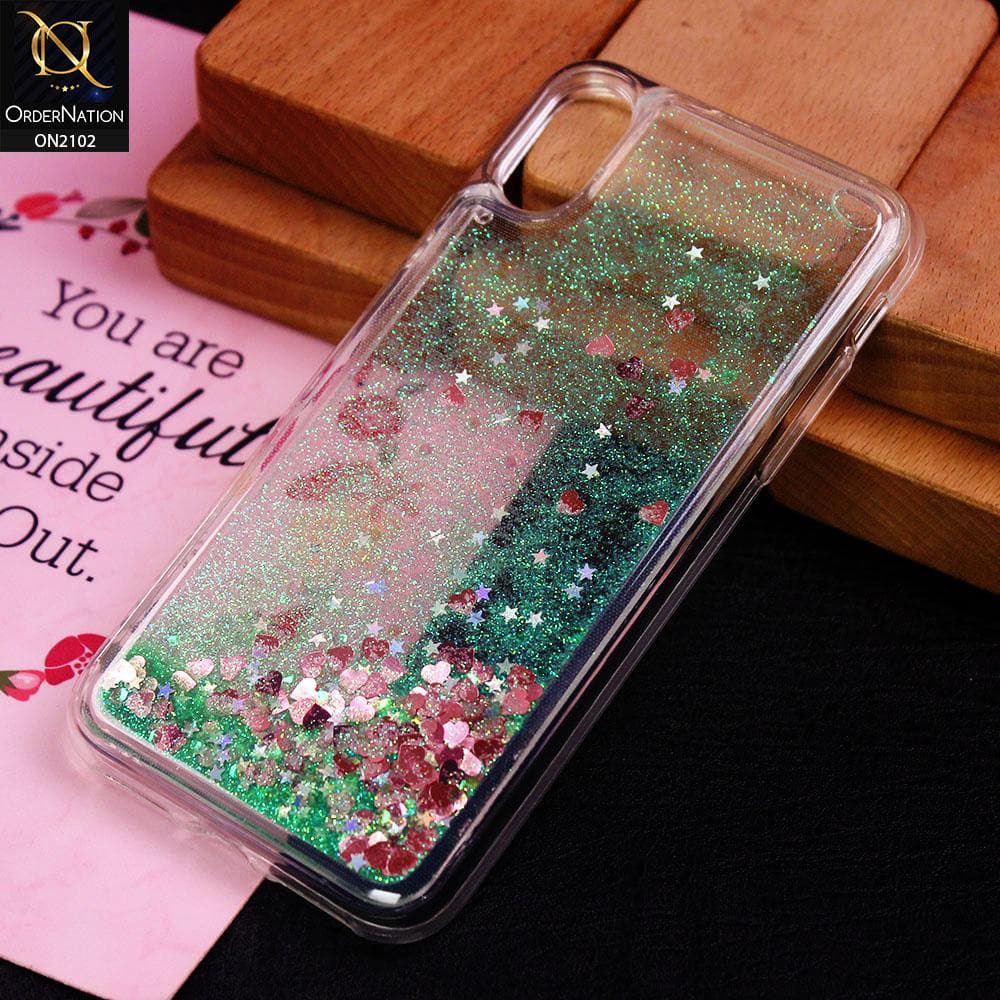 iPhone XS / X Cover - Light Green - Cute Love Hearts Liquid Glitter Pc Back Case