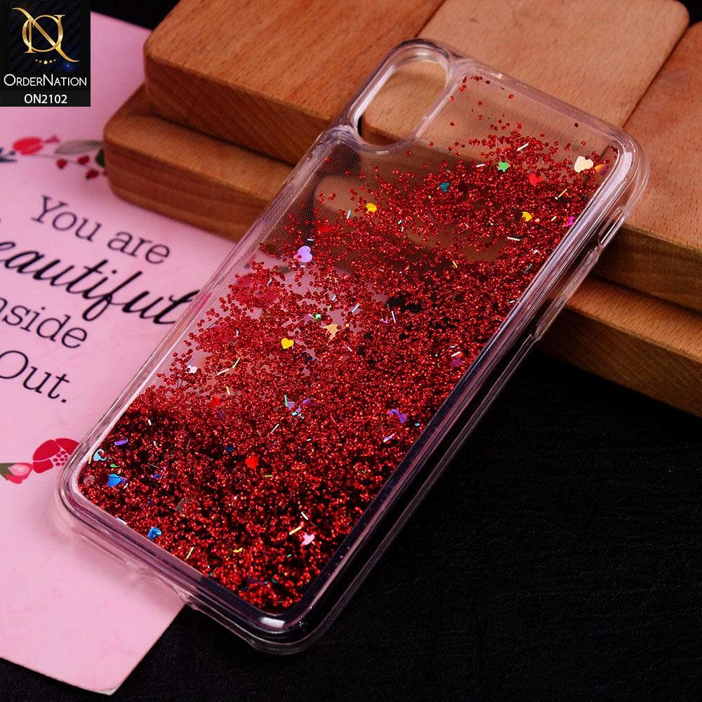 iPhone XS / X Cover - Red - Cute Love Hearts Liquid Glitter Pc Back Case
