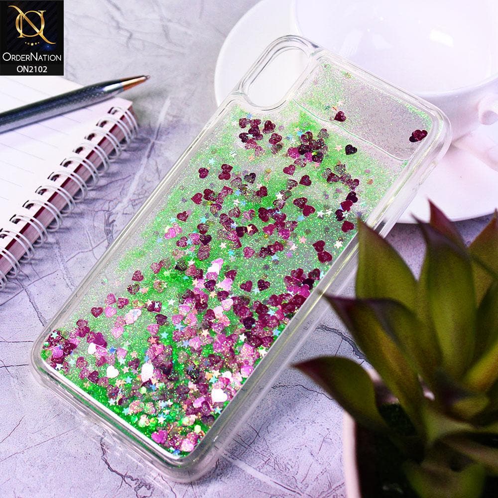 iPhone XS Max Cover - Sea Green - Cute Love Hearts Liquid Glitter Pc Back Case