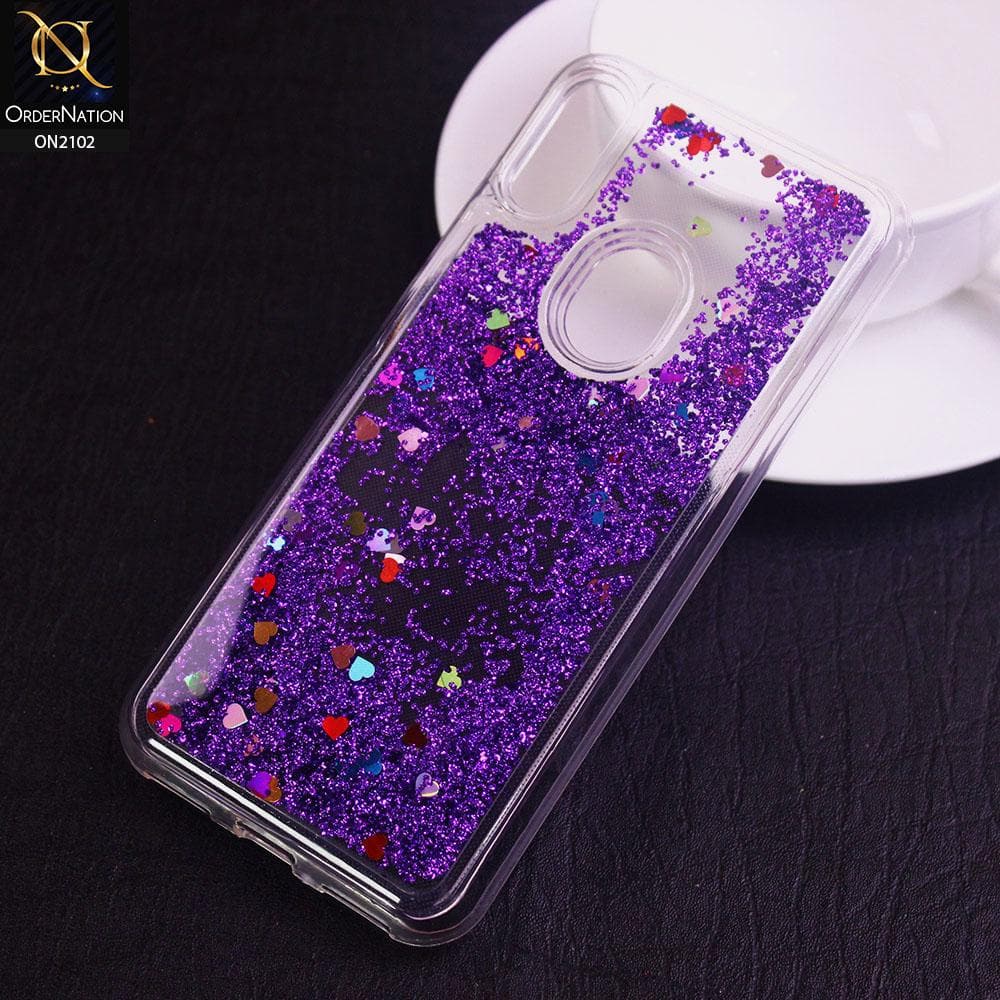 Huawei Y6s 2019 Cover - Purple - Cute Love Hearts Liquid Glitter Pc Back Case