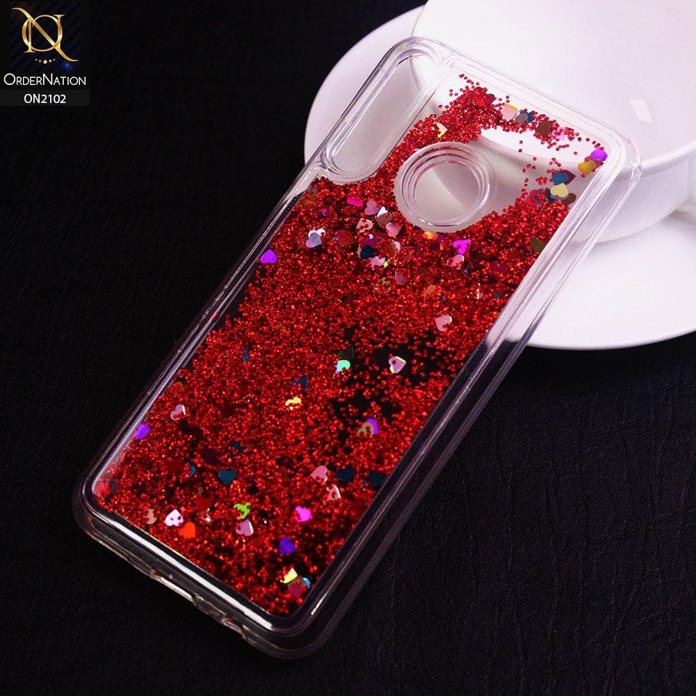 Huawei Y7P Cover - Red - Cute Love Hearts Liquid Glitter Pc Back Case
