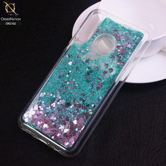 Huawei Y7P Cover - Sea Green - Cute Love Hearts Liquid Glitter Pc Back Case