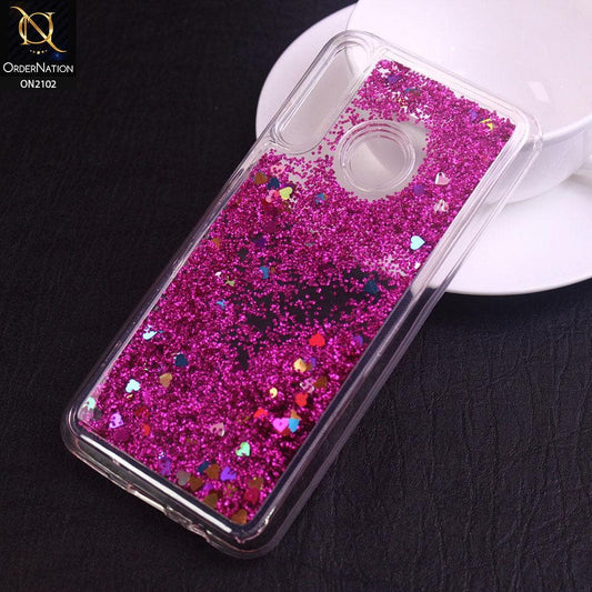 Huawei Y7P Cover - Shocking Pink - Cute Love Hearts Liquid Glitter Pc Back Case