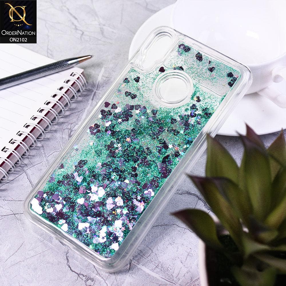 Huawei Y7 Prime 2019 / Y7 2019 / Y7 Pro 2019 Cover - Sea Green - Cute Love Hearts Liquid Glitter Pc Back Case