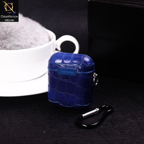 Apple Airpods 1 / 2 Cover - Blue - Crocodile Texture With Magnetic Lid Case