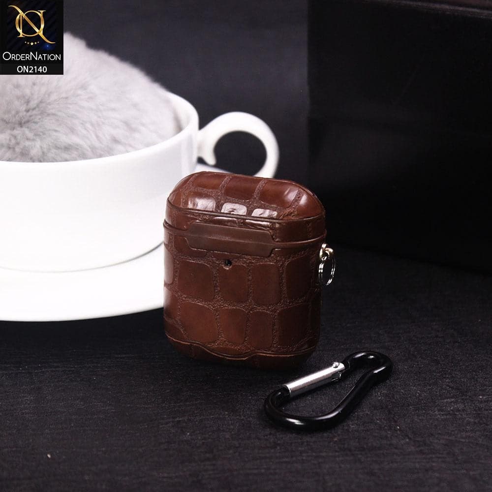Apple Airpods 1 / 2 Cover - Dark Brown - Crocodile Texture With Magnetic Lid Case