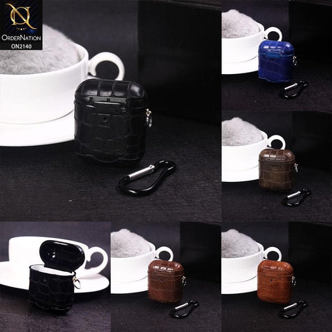 Apple Airpods 1 / 2 Cover - Dark Brown - Crocodile Texture With Magnetic Lid Case