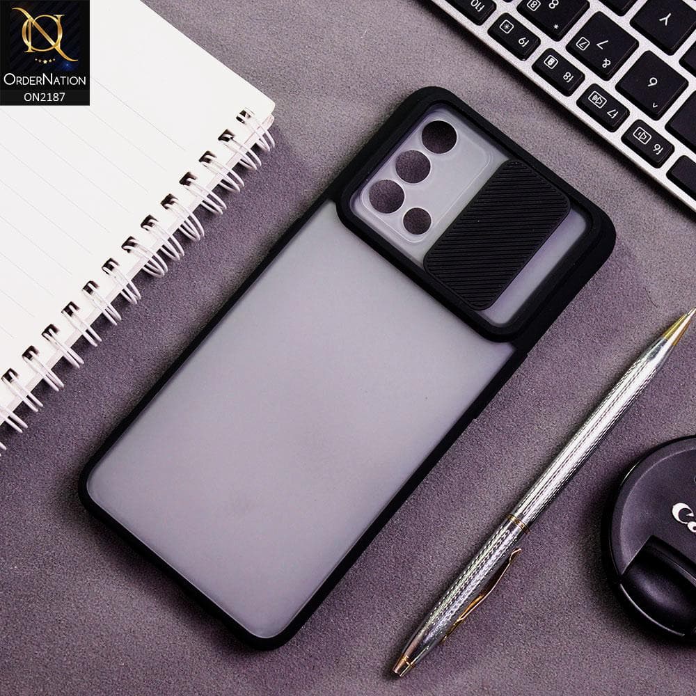 Oppo F19 Cover - Black - Translucent Matte Shockproof Camera Slide Protection Case