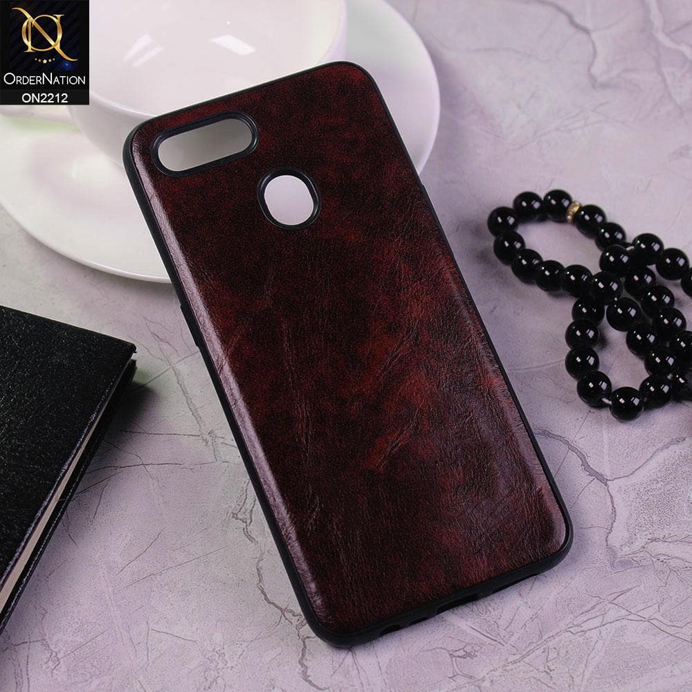 Oppo A7 Cover - Dark Brown - Leather Texture Soft TPU Case