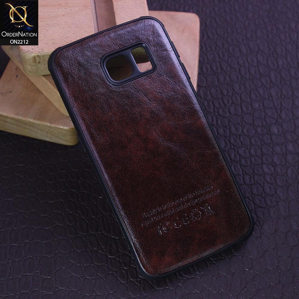 Samsung Galaxy S6 Edge Cover - Dark Brown - Leather Texture Soft TPU Case
