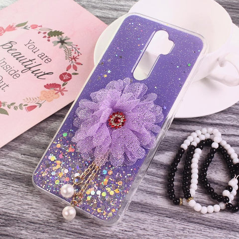 Oppo A5 2020 Cover - Design 8 - Fancy Flower Bling Glitter Rinestone Soft Case - Glitter Does Not Move