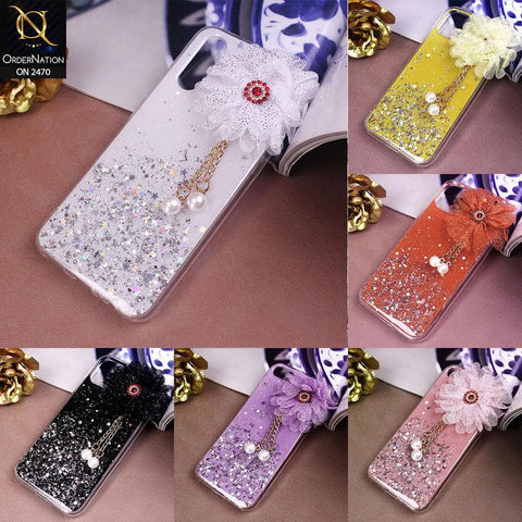 Huawei Y5p Cover - Design 8 - Fancy Flower Bling Glitter Rinestone Soft Case - Glitter Does Not Move