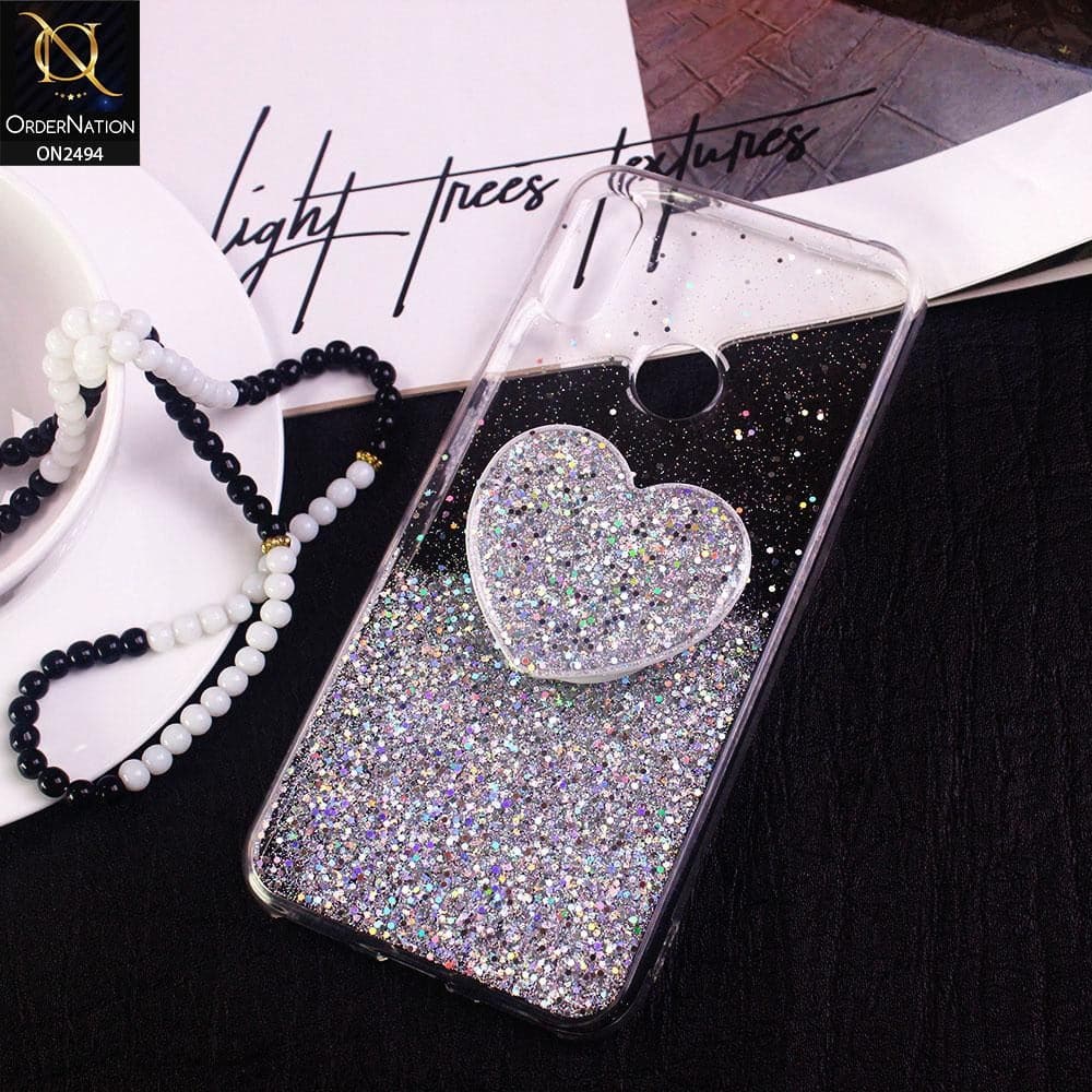 Huawei Y6 2019 / Y6 Prime 2019 Cover- Design 1 - Stylish Bling Glitter Soft Case With Heart Mobile Holder - Glitter Does Not Move