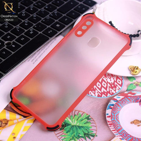Samsung Galaxy A20 Cover - Red - Semi Transparent Matte Shockproof Camera Ring Protection Case
