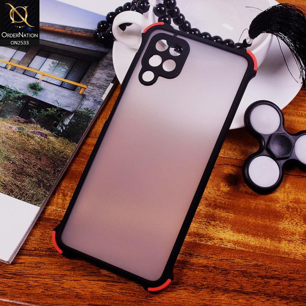 Samsung Galaxy A12 Cover - Black - Semi Transparent Matte Shockproof Camera Ring Protection Case