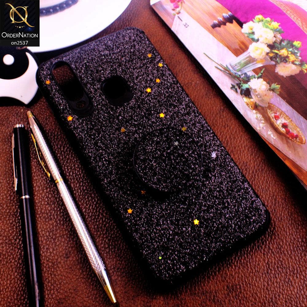 Vivo Y17 - Black - Soft Girlish Glitter Texture Case with Mobile Holder
