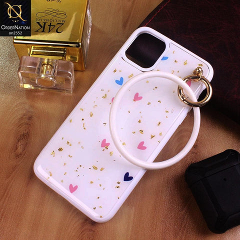 iPhone 11 Pro Max - White - Stylish Shiny Gold Foil Flying Hearts Circle Ring Holder Soft Case
