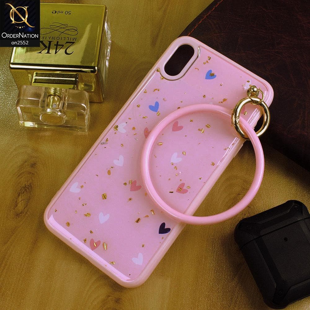 iPhone XS / X - Pink - Stylish Shiny Gold Foil Flying Hearts Circle Ring Holder Soft Case