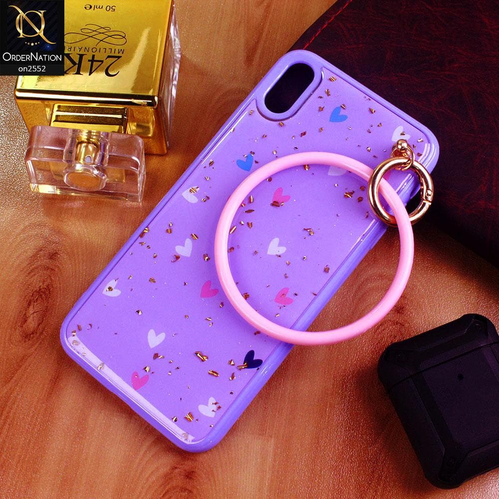 iPhone XS / X - Purple - Stylish Shiny Gold Foil Flying Hearts Circle Ring Holder Soft Case