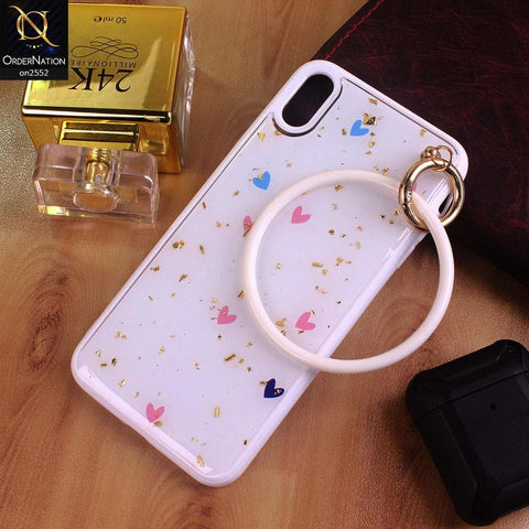 iPhone XS Max - White - Stylish Shiny Gold Foil Flying Hearts Circle Ring Holder Soft Case