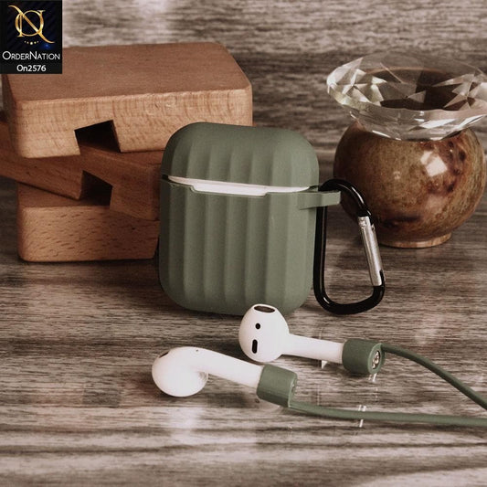 Apple Airpods 1 / 2 - Green - Soft Silicone Line Pattern Case - (Just Cover No Airpods Included)